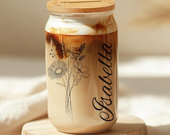 Personalized Glass Tumbler with Straw Personalized Iced Coffee Cup Retro with Lid and Straw Bridesmaid Gift Idea Bachelorette Glass Cup Gift
