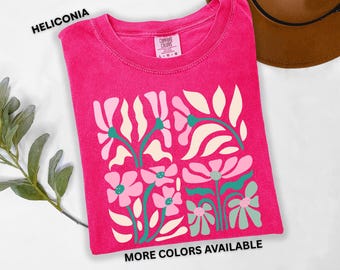 Camiseta retro floral con colores cómodos, camiseta vintage de flores silvestres para mujer, camiseta bohemia de estilo cottagecore, camiseta botánica de verano, camiseta plana con flores