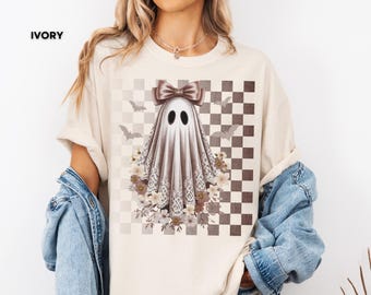 Vintage Ghost Shirt with Bow and Flowers, Spooky Cute Halloween Comfort Colors® Tee, Aesthetic Fall Shirt, Retro Ghost T-Shirt