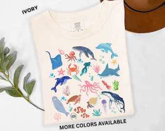 Cute Sea Creatures Shirt Colorful Ocean Animal TShirt Marine Life Comfort Colors Tee Beach Trip Family Gift Summer Outfit Whale Dolphin Orca