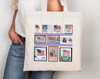 USA Flag Stamp Tote Bag Patriotic Vintage Mail Art Fourth of July Gift American Tote Bag Flag Canvas Bag Independence Day Stamps Accessory