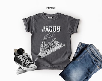 Camiseta juvenil personalizada con dibujo de tren, camiseta vintage con nombre personalizado con locomotora