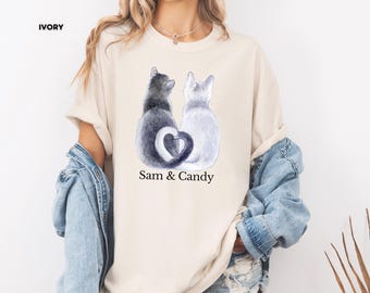 Personalized Cat Lover Shirt, Custom Two Cats Watercolor Tee, Pet Names Shirt, Matching Cat Mom Sweatshirt, Pet Lovers Top
