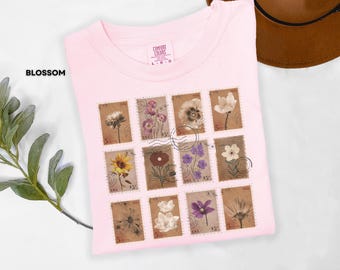 Vintage Floral Stamp Shirt Botanical Aesthetic Tee Retro Flower Tshirt Wildflower Lover Gift Cottagecore Floral Graphic Tee Gift to Gardener