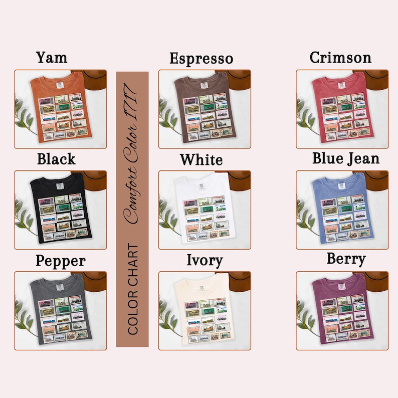 May include: A color chart of Comfort Color 1717 t-shirts in various colors, including Yam, Espresso, Crimson, Black, White, Blue Jean, Pepper, Ivory, and Berry. Each shirt displays a rectangular graphic.