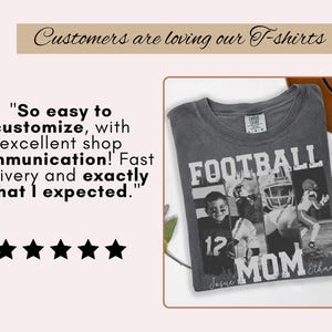 May include: Dark gray t-shirt with a football theme. The shirt features a black and white collage of football players and the words "FOOTBALL MOM". The shirt also has the names "Josue" and "Ethan".