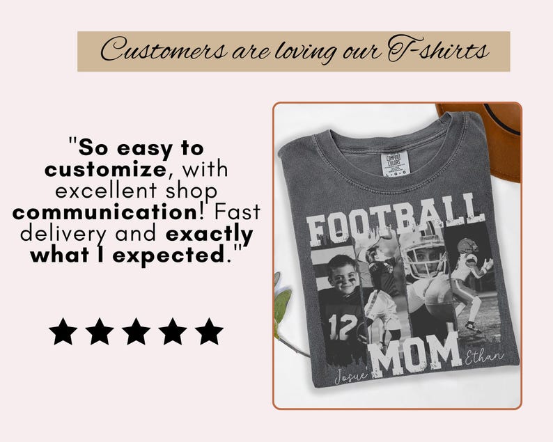 May include: Dark gray t-shirt with a football theme. The shirt features a black and white collage of football players and the words "FOOTBALL MOM". The shirt also has the names "Josue" and "Ethan".