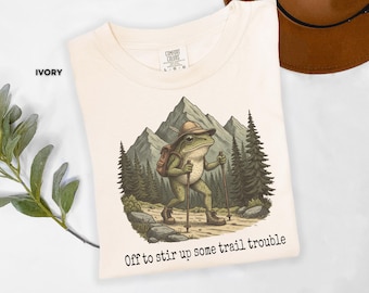 Funny Hiking Frog Shirt Cute Hiking Tee, Off To Stir Up Some Trail Trouble T Shirt, Frog Lover Gift for Hikers