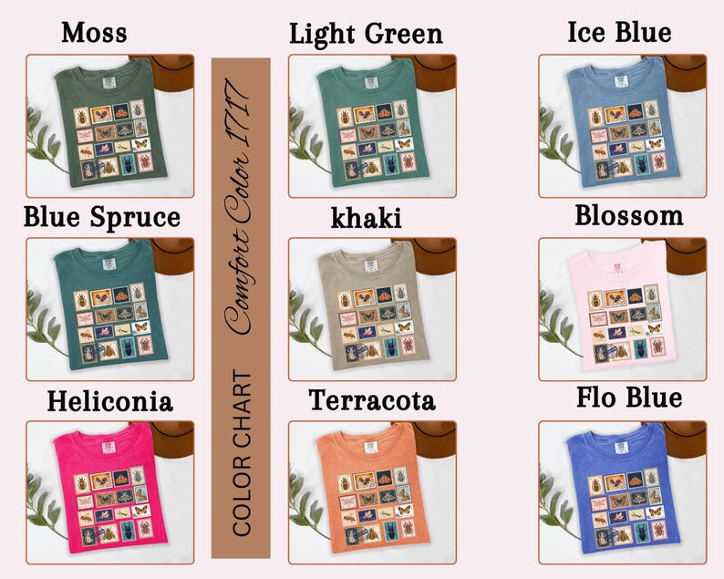 Może przedstawiać: Karta kolor&oacute;w koszulek Comfort Color 1717 w r&oacute;żnych odcieniach, w tym mchu, jasnozielonym, lodowym niebieskim, niebieskim świerku, khaki, kwiecie, helikonii, terakocie i flo blue. Każda koszulka ma grafikę znaczk&oacute;w pocztowych z owadami.