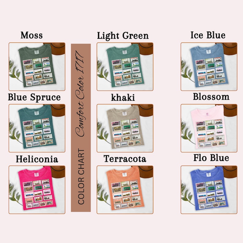 May include: A color chart featuring t-shirts in various shades, including moss, light green, ice blue, blue spruce, khaki, blossom, heliconia, terracotta, and flo blue. Each shirt displays a rectangular graphic. The text "Comfort Color 1717" is also present.