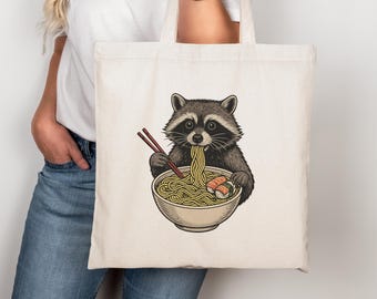 Cute Raccoon Ramen Tote Bag Funny Animal Sushi Lover Gift Japanese Food Canvas Bag Aesthetic Grocery Bag for Women & Students Retro Tote Bag