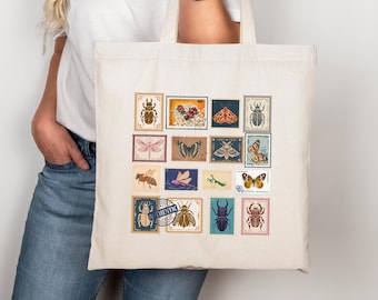 Vintage Insect Stamp Tote Bag Nature Lover Canvas Bag with Bugs Butterflies & Bees Eco Gift for Entomology Fans Canva Insect Stamps Tote Bag