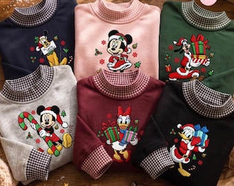 Embroidered All Characters Disney Christmas Gingham Mockneck Sweatshirt, Embroidery Mickey and Friends Santa Holiday Xmas Lace Trim Tank Top