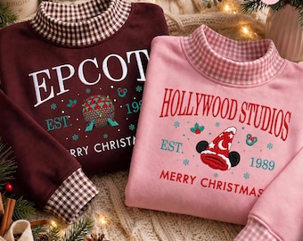 Embroidered Disney Christmas Gingham Mockneck Sweatshirt, Embroidery Walt Disney World Disneyland Park Epcot Holiday Xmas Lace Trim Tank Top