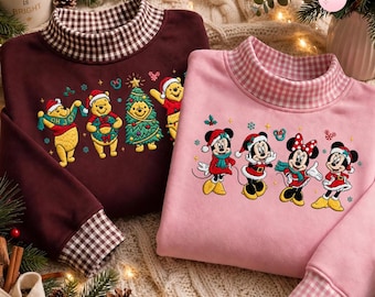 Embroidered All Characters Disney Christmas Gingham Mockneck Sweatshirt, Embroidery Mickey Minnie Pooh Santa Holiday Xmas Lace Trim Tank Top