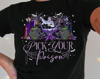 Personalized Pick Your Poison Disney Villains Halloween Baby Tee Crop Top, Bad Witches Club, Evil Queen Maleficent Disney Girl Trip Shirt