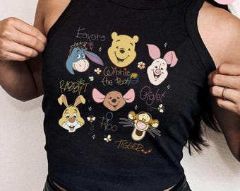 Disney Winnie The Pooh Signature Crop Tank, Pooh Bear and Friends Baby Tee Crop Top Tank, Pooh Piglet Tigger Eeyore Disney Girl Trip Shirt