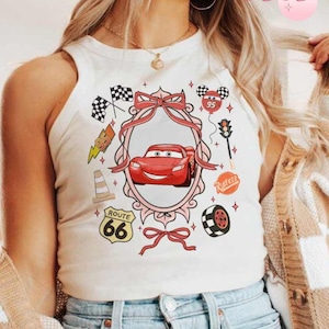 Girly Coquette Bow Disney Cars Crop Tank, Lightning McQueen Mater Sally Carrera Doc Hudson Cars Baby Tee Crop Top, Disney Girls Trip Shirt