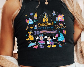 Mickey and Friends Disneyland After Dark 70 Years of Favorites Shirt, Disneyland 70th Anniversary Baby Tee Crop Tank, Platinum Celebration