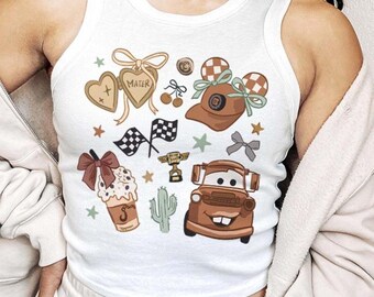 Coquette Bow Disney Cars Mater Crop Tank, Lightning McQueen Mater Sally Carrera Doc Hudson Cars Baby Tee Crop Top, Disney Girls Trip Shirt