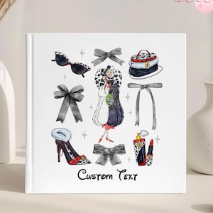 May include: A white hardcover photo book with illustrations of fashion accessories and a character in a black and white coat. The book has the text "Hardcover Photo Book" and "Custom Text".