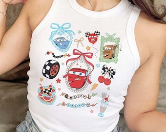 Girly Coquette Bow Disney Cars Crop Tank, Lightning McQueen Mater Sally Carrera Doc Hudson Cars Baby Tee Crop Top, Disney Girl Trip Shirt