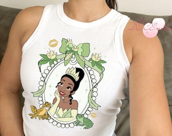 Coquette Bow Disney Princess Crop Tank, Cinderella Tiana Girly Aesthetic Princess Baby Tee Crop Top, Disney Girl Trip Shirt, Princess Bows