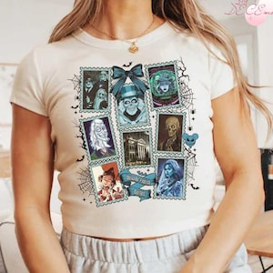 Coquette Bow Welcome Foolish Mortals Disney Haunted Mansion Baby Tee Crop Top, Hitchhiking Ghosts Hatbox Ghost Stamp Disney Girl Trip Shirt