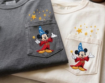 Comfort Colors Embroidered Disney Fantasia Pocket Shirt, Fantasia Sorcerer Mickey Wizard Trip, Embroidery Fantasmic Some Imagination Huh Tee