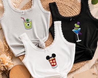 Embroidered All Characters Drink Disney Trip Baby Tee Crop Tank, Embroidery Disney Epcot Drinking Around the World Trip Lace Trim Tank Top