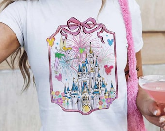 Coquette Bow Mickey Minnie Balloons Disney Castle Baby Tee Crop Top Tank, Girly aesthetic Disney Girl Trip Shirt, Magic Kingdom Gift for Her