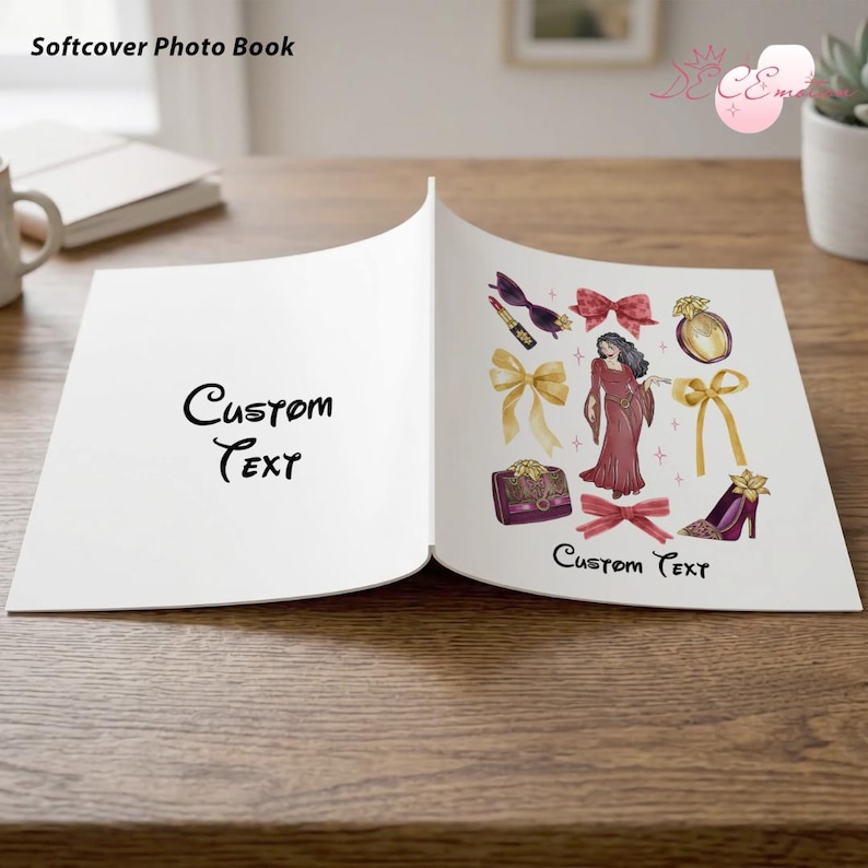 May include: Open photo book with "Custom Text" on the left page and a fashion-themed illustration on the right. The illustration includes a woman in a red dress, bows, perfume, a purse, lipstick, and high heels. The book is labeled "Softcover Photo Book".