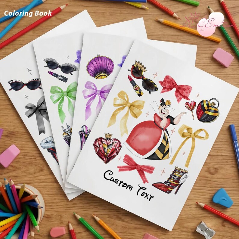 May include: A stack of coloring books with fashion-themed illustrations, including sunglasses, bows, and a queen character. The cover of the book reads "Coloring Book" and "Custom Text". Pencils and erasers surround the books.