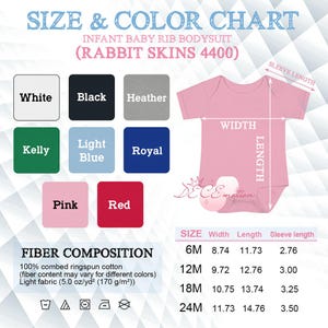 May include: Size and color chart for an infant baby rib bodysuit. The chart includes color swatches in white, black, heather gray, kelly green, light blue, royal blue, pink, and red. The chart also shows measurements for width, length, and sleeve length.