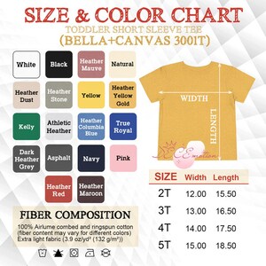 Puede incluir: Tabla de tallas y colores para camisetas de manga corta para ni&ntilde;os peque&ntilde;os. Incluye muestras de color en varios colores como blanco, negro y rosa. La tabla tambi&eacute;n muestra las medidas para las tallas 2T a 5T, con anchos de 30,48 a 38,10 cm y largos de 39,37 a 46,99 cm.