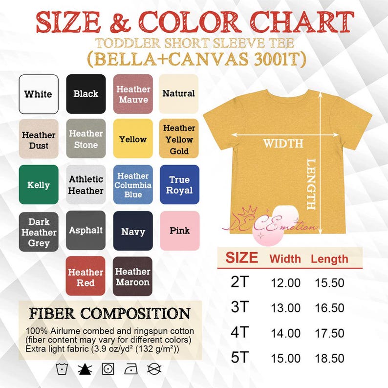 Puede incluir: Tabla de tallas y colores para camisetas de manga corta para ni&ntilde;os peque&ntilde;os. Incluye muestras de color en varios colores como blanco, negro y rosa. La tabla tambi&eacute;n muestra las medidas para las tallas 2T a 5T, con anchos de 30,48 a 38,10 cm y largos de 39,37 a 46,99 cm.