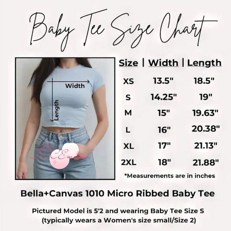 May include: A baby tee size chart with measurements in inches. The chart includes sizes XS to 2XL, with width and length measurements. The image shows a light blue baby tee on a model, with the text "Baby Tee Size Chart". The shirt is Bella+Canvas 1010 Micro Ribbed.