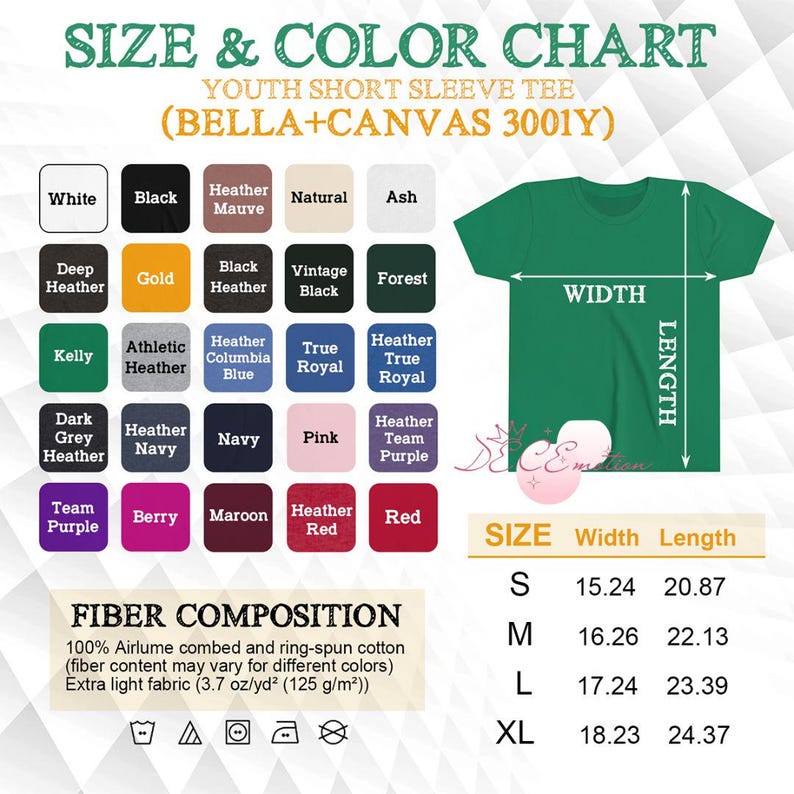 May include: A size and color chart for a youth short sleeve tee shirt. The chart includes a color palette with options like white, black, and navy. The chart also shows the width and length measurements in inches for sizes S, M, L, and XL.