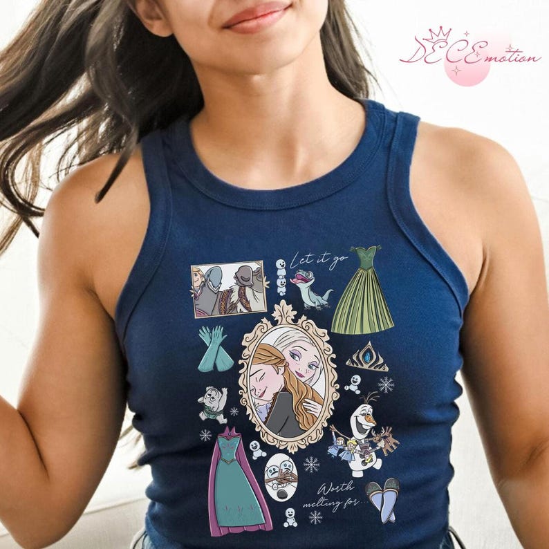 May include: Navy blue tank top featuring various illustrations from the movie Frozen. The design includes images of Elsa and Anna, Olaf, dresses, and the text "Let it go" and "Worth melting for".