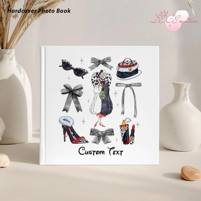 May include: A white hardcover photo book with illustrations of fashion accessories and a character in a black and white coat. The book has the text "Hardcover Photo Book" and "Custom Text".
