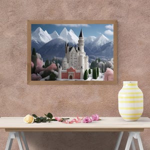 Ready to hang - 3D Neuschwanstein Castle Wall Art, Bavarian Alps Photography Print, Fairytale Germany Landscape, Winter Castle Vivid Poster