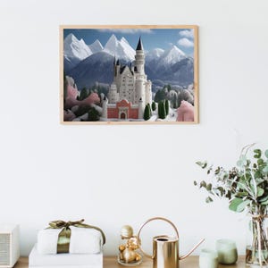 Neuschwanstein Castle 3D Art, Bavarian Alps Photography Print, Fairytale Germany Landscape, Winter Castle Scenic Poster, Instant Download