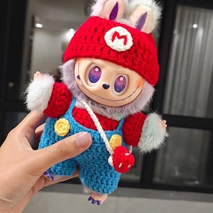Labubu Super Mario Kostüm-Set - Handgefertigtes Labubu Outfit | Plüsch-Puppenkostüm | Super Geschenk zum Geburtstag | Monster Kleidung | Puppenkleid