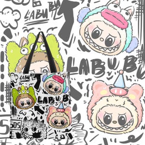 fourre-tout Labubu | Sac à bandoulière kawaii en toile avec poche zippée | 33 x 38 cm cabas pour l'école | Joli cadeau pour les fans de Labubu | Pop-Mart
