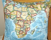 Pillow map Africa Egypt India Spain Italy Saudi Arabia Turkey Libya Antarctica Madagascar Seychelles blue beige cream red 16 inch cushion