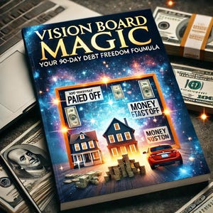 May include: A book cover with a blue background and a vision board with the words "Vision Board Magic" and "Your 90-Day Debt Freedom Formula". The vision board has images of houses, money, and a car.