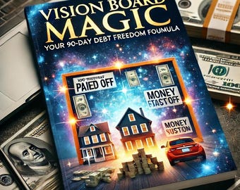 Könnte beinhalten: Ein Buchcover mit blauem Hintergrund und einem Vision Board mit den Worten "Vision Board Magic" und "Your 90-Day Debt Freedom Formula". Das Vision Board zeigt Bilder von Häusern, Geld und einem Auto.