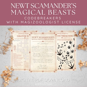 Könnte beinhalten: Digitaler PDF-Download eines Journals im Vintage-Stil mit dem Titel "Newt Scamander's Magical Beasts Field Journal". Das Journal enthält Kreuzworträtsel, Kreaturenfußabdrücke und den Text "Codebreakers with Magizoologist License."