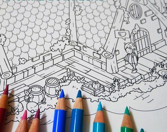 Cozy Isometric Coloring Pages | Cottagecore Art Book (Digital Download) Printable and Procreate