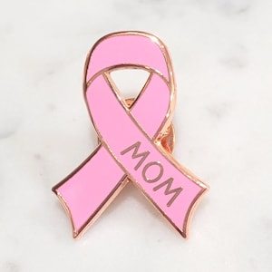 Breast Cancer Awareness Ribbon Pink Enamel &#39;Mom&#39; Pin, Pink Cancer Pin, Cancer Warrior Gift, Cancer Patient Support, Lapel Brooch, &quot;MOM&quot; Pin